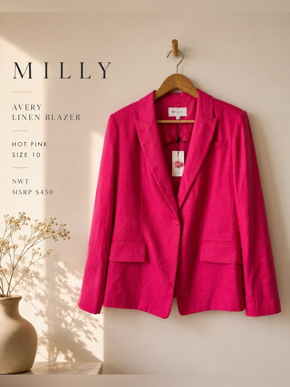 Milly Avery Linen Blazer Hot Pink Size 10 NWT MSRP $450